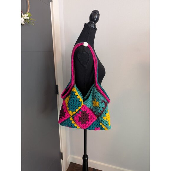 Handmade Multicolor Crochet Granny Square Lined Tote Bag With Patchwork Design - Picture 1 of 9